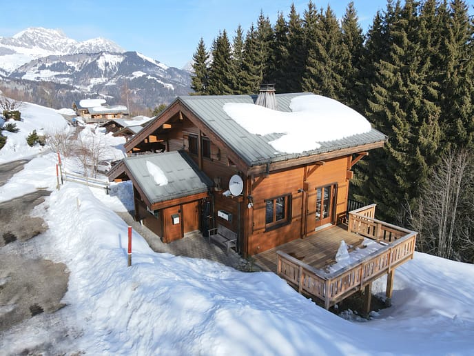 Vue du côté de la terrasse exposée du chalet en Hiver